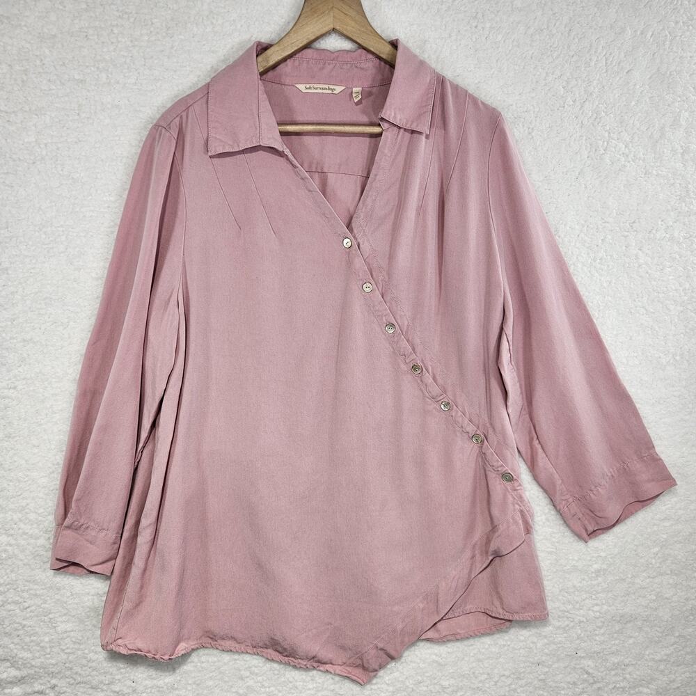 Soft Surroundings Pink Asymmetrical Button Up Lagenlook Tunic Blouse Women's PXL